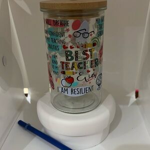 Teacher theme glass with straw and bamboo lid